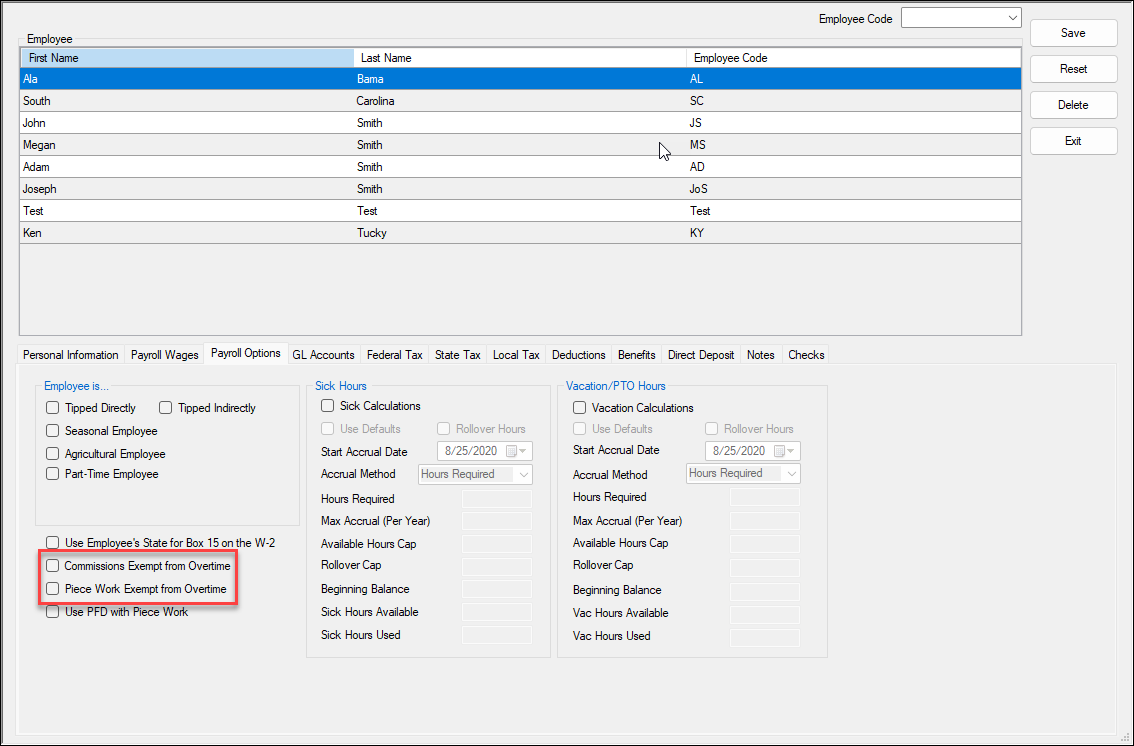 Exempt from Overtime checkboxes